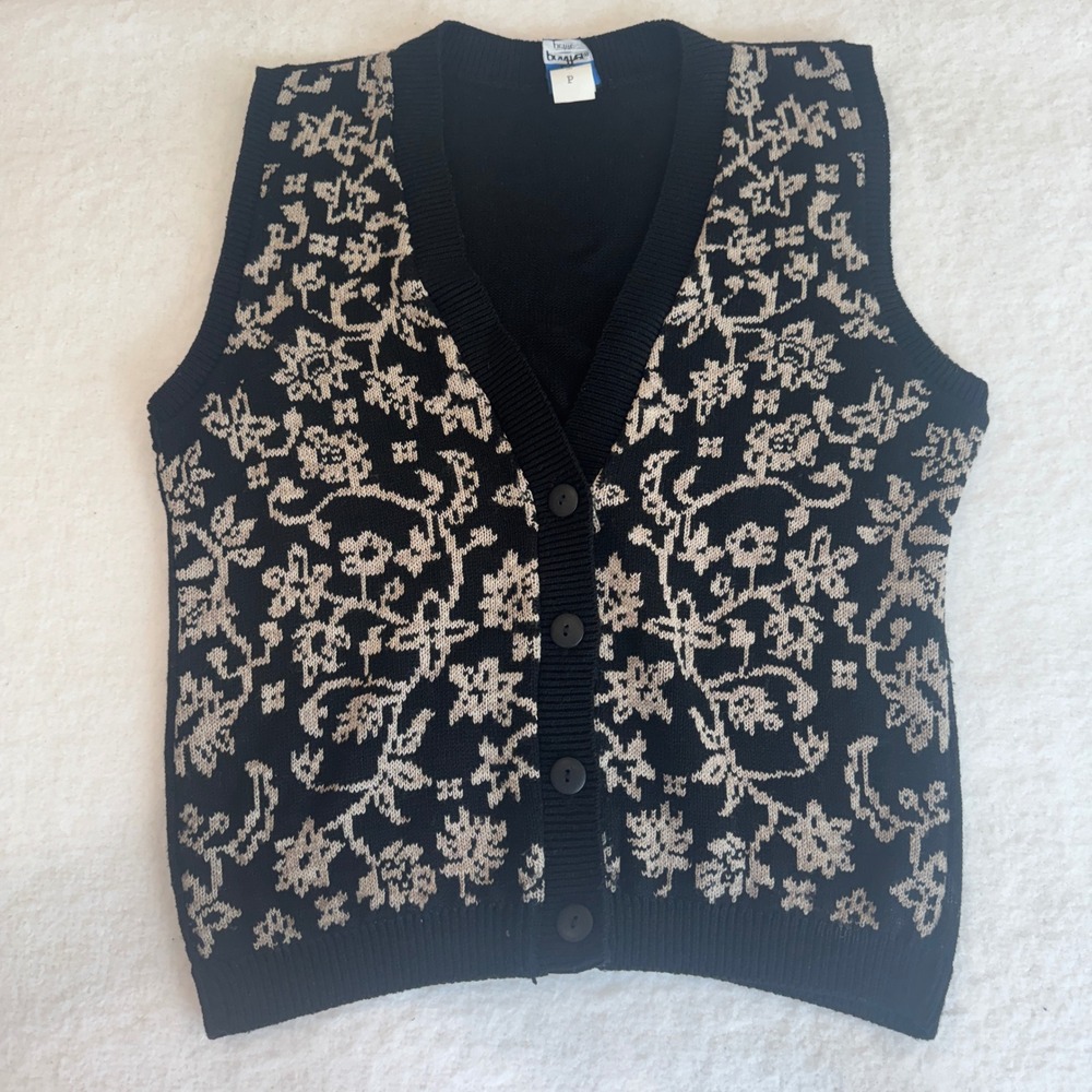 VTG Panther Petite Floral Sweater Vest Black Tan Button Front Size P Made in USA